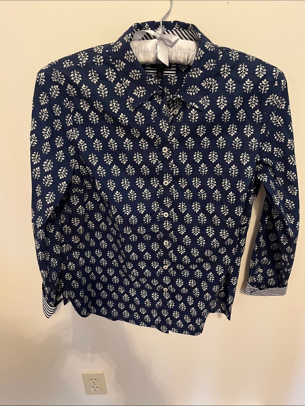 Talbots Navy and White Petite Floral Button-Down Shirt